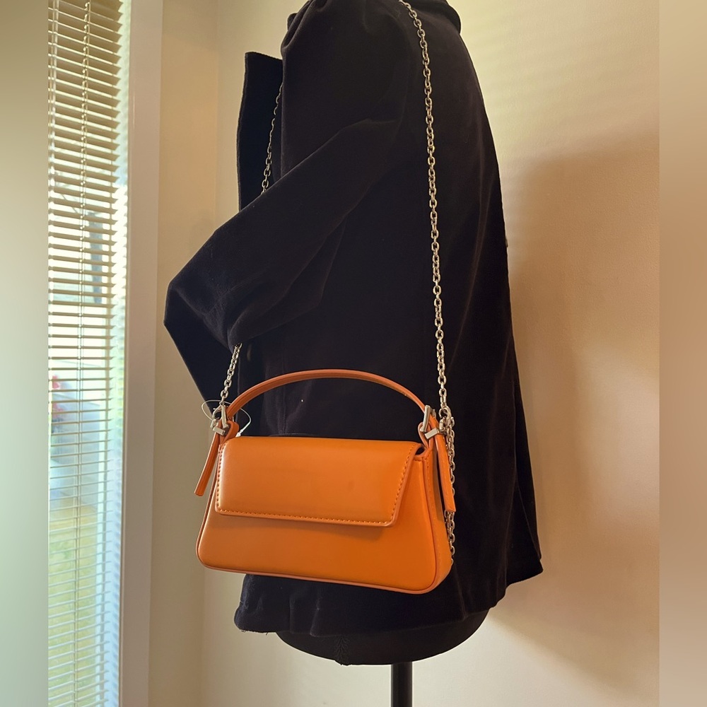 Orange small  Leather Shoulder Bag… adjustable chain easy magnetic close